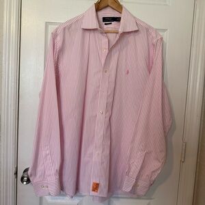 Polo Ralph Lauren Pink & White Striped Longsleeve Mens Dress Shirt sz 17.5 36-37